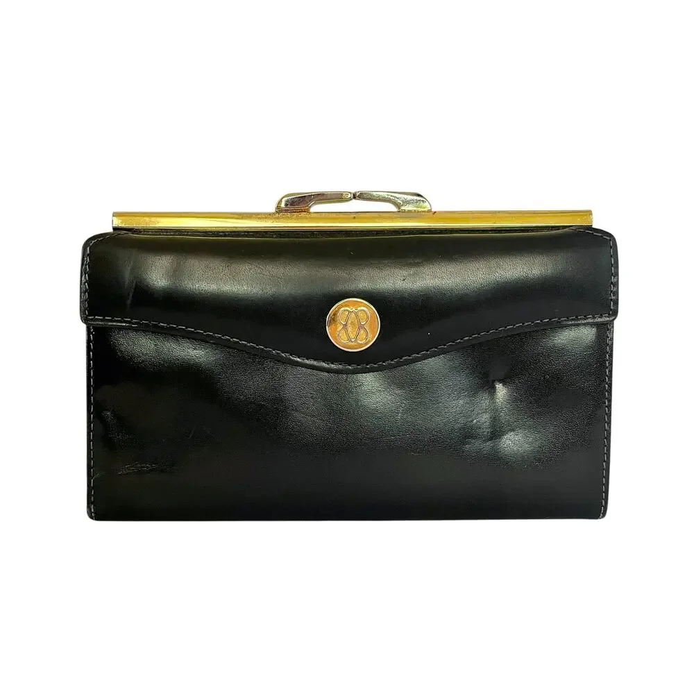 Vintage Bosca Black Full Grain Leather Continental Checkbook Frame Clutch Wallet